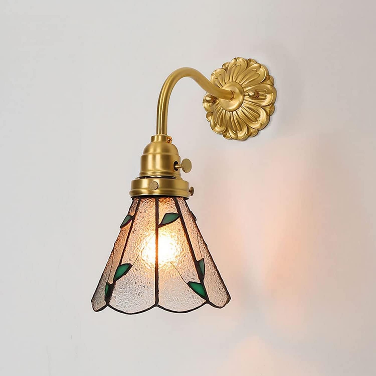 SMCCYYSD Brushed Brass Wall Lighting with Switch Glass Shade E27 Sconce Japanese Bedside Study Reading Lights Bathroom Vanity Lamps, Pendant Light