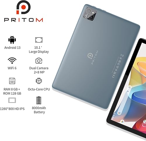 Miniatura 2 de PRITOM TAB11 Tablet Android de 10 pulgadas, Octa-Core, 128GB, Wi-Fi 6, pantalla HD IPS, cámara dual, Bluetooth, FM, USB C, tableta con funda