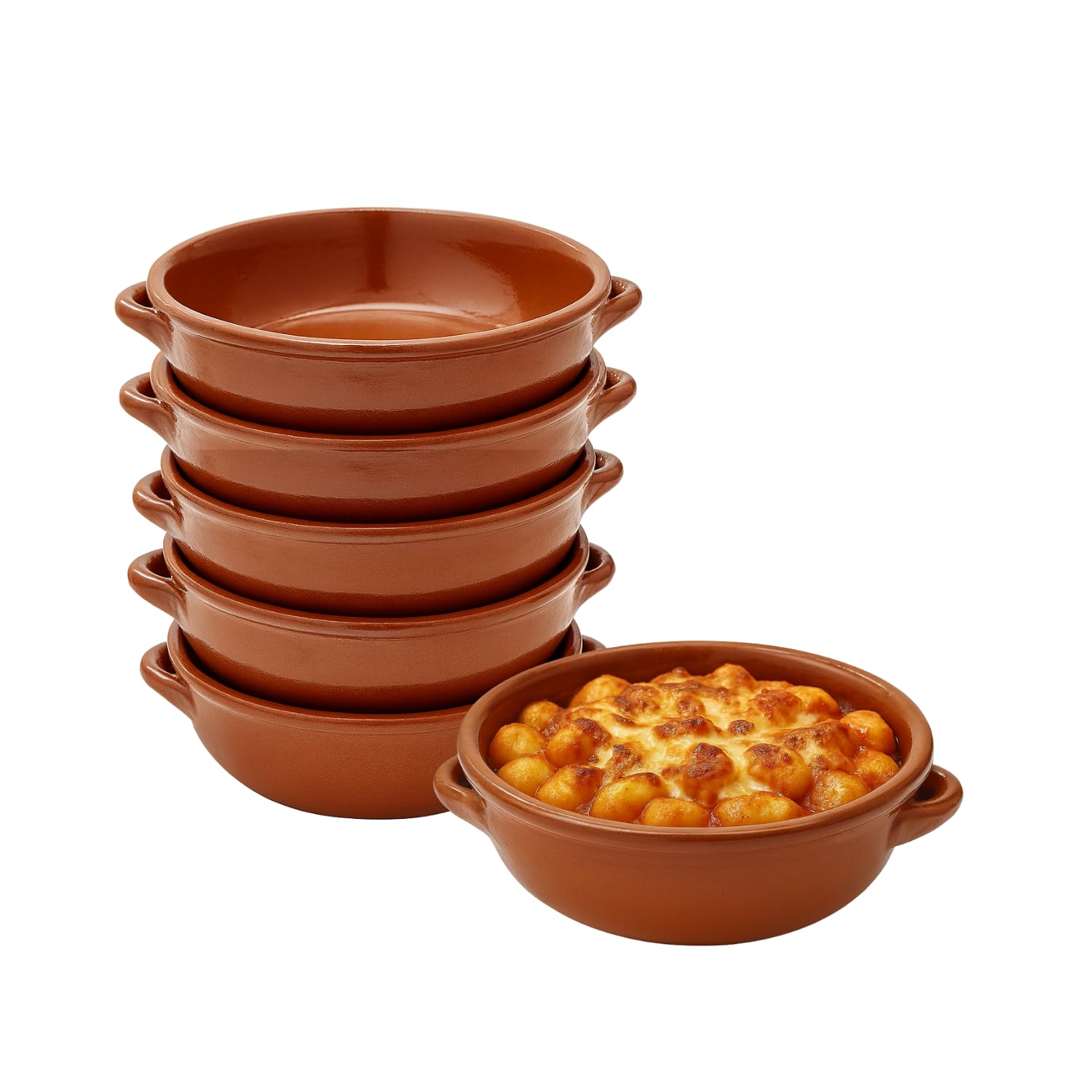 Virsus 6 Tegamini in Coccio Monoporzione, Misura 15x5 cm, Ciotole in Terracotta con maniglie, Terrine adatti al Forno, per Gnocchi, Fusilli, Lasagne, Parmigiana, Pasta al Forno, Made in Italy