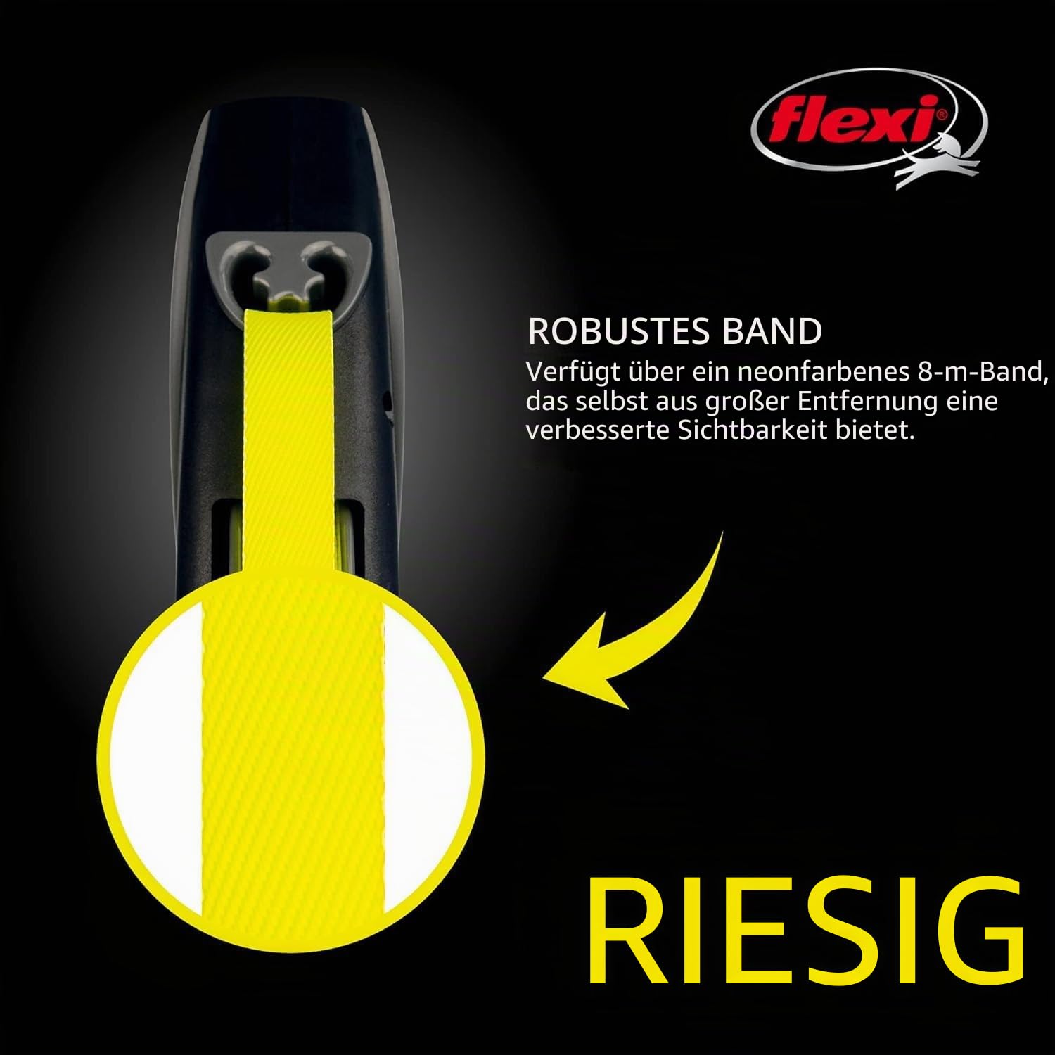 Flexi USA Giant neon einziehbare Hundeleine (Band), ergonomisch, strapazierfähig und verhedderungsfrei Haustier Laufleine für Hunde bis zu 49,9 kg, 7,9 m, groß, schwarz
