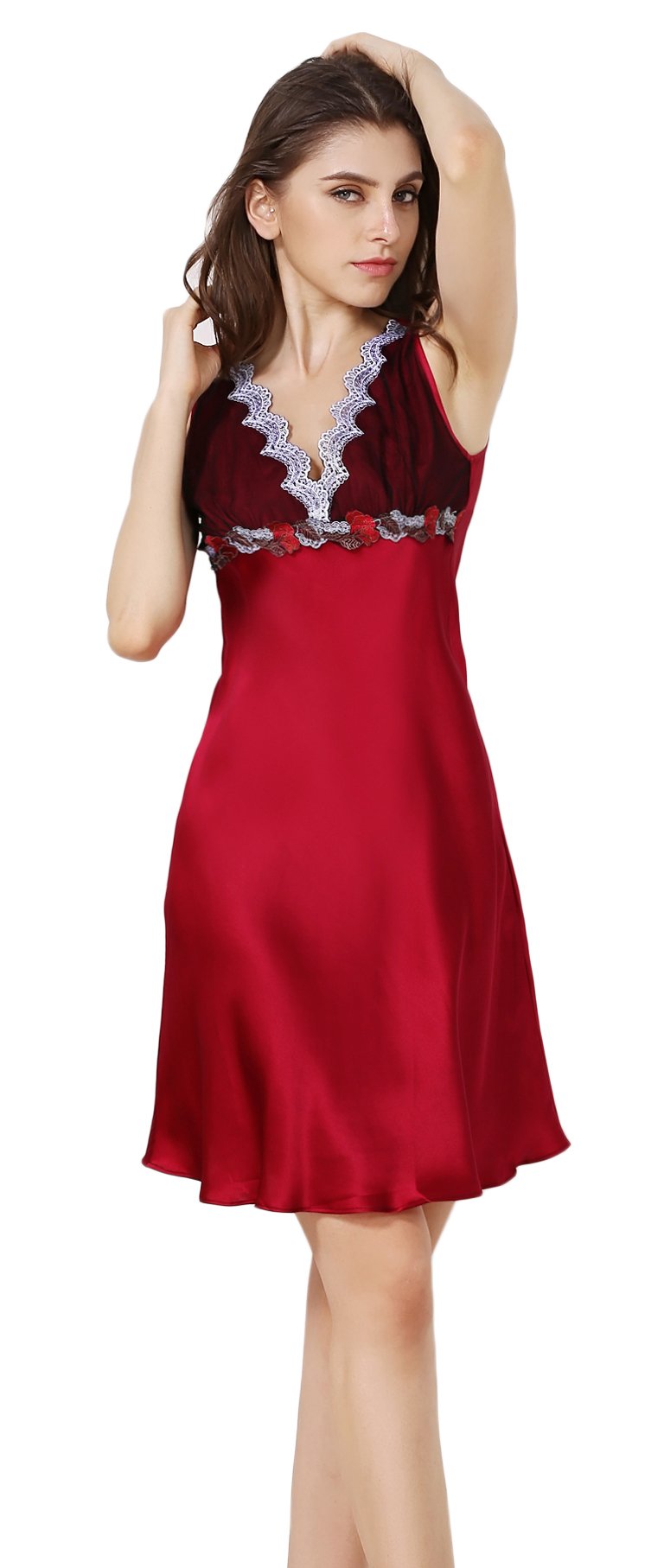 Tulpen Damen 100% Seide Schlafkleider Aermellos Spitze Blumen Schlafanzug