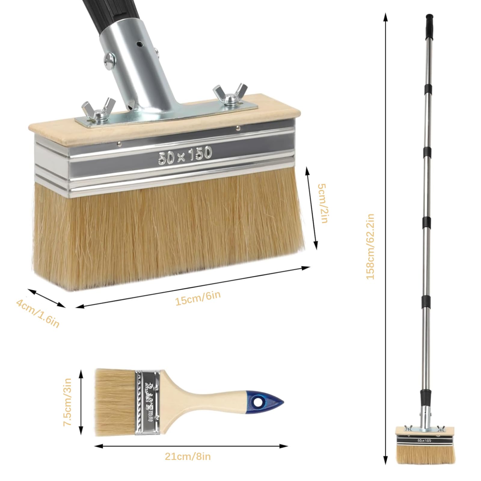Tefola Brochas Pintura para Cubiertas con Mango Largo (158cm), Juego de 2 Pinceles de Pintura para Superficies de, Cepillo para terraza con Mango Extensible,18cm con Cerdas Gruesas para Pinturas