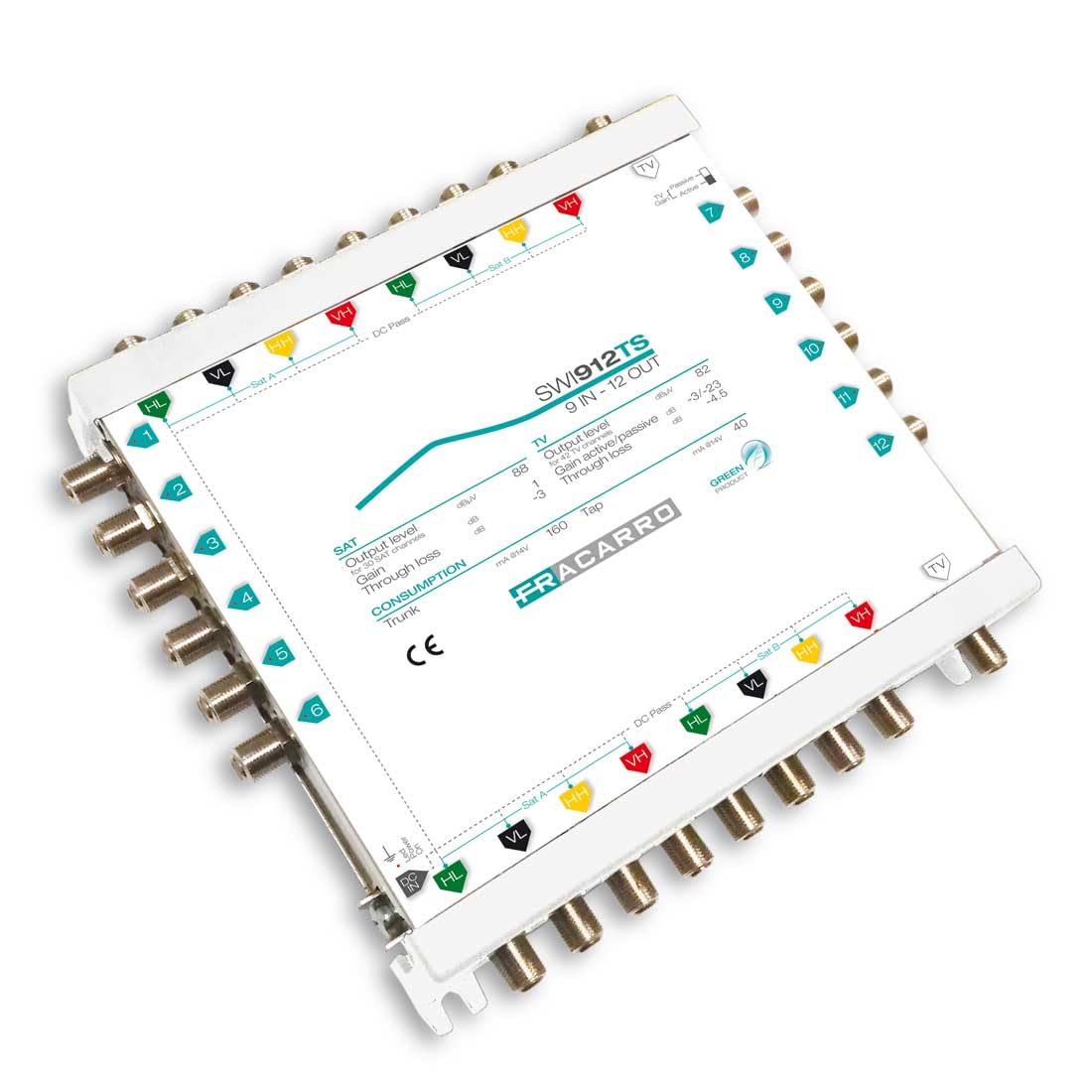 FRACARRO Multiswitch en Cascada 9 Entradas,12 Salidas Derivadas, Dip Switch para Selección de Ganancia TV Activa/Pasiva – Banda Satélite hasta 2300MHz, LED DiSEqC, Canal de Retorno (SWI912TS)