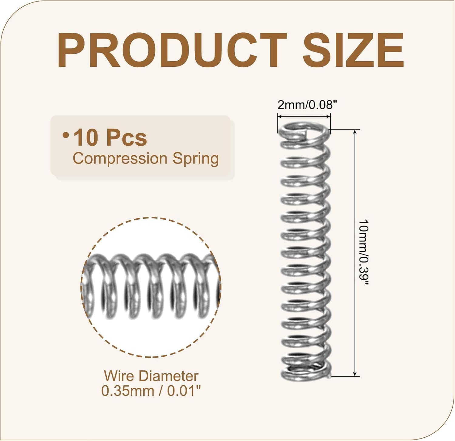 MECCANIXITY Small Compression Spring 2 mm OD 0.35 mm Wire Diameter 10 mm Free Length 304 Stainless Steel Extension Spring for Shop Home Repairs DIY Projects (Silver Tone, Pack of 10)