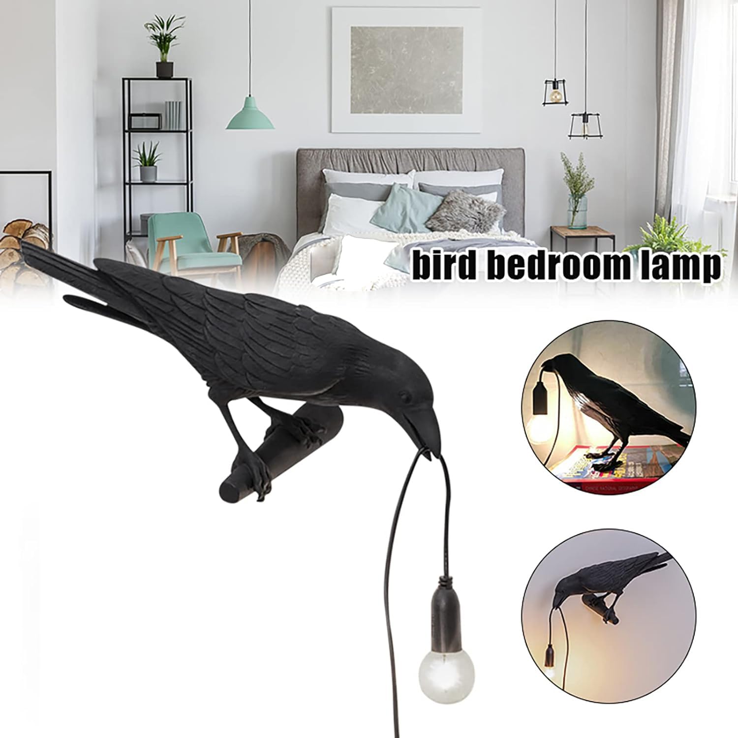 Lampe Table Résine Corbeau - Déco Originale Chambre Bureau Noir Blanc Table Murale