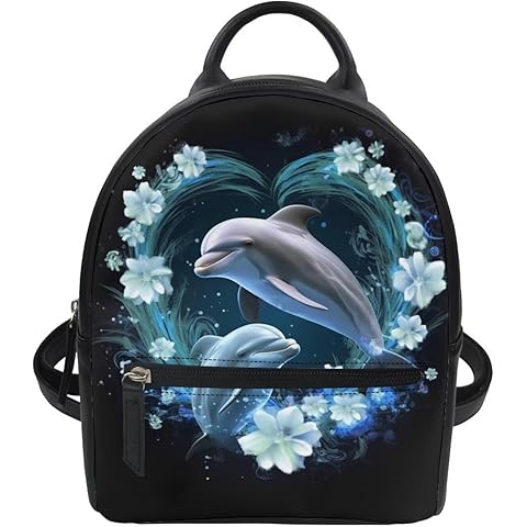 Showudesigns Dolphin Flower Backpack Purse for Women Mini Backpacks Water-Resistant Small Back Pack Shoulder Bag for School Travel Min Casual Daypack Black
