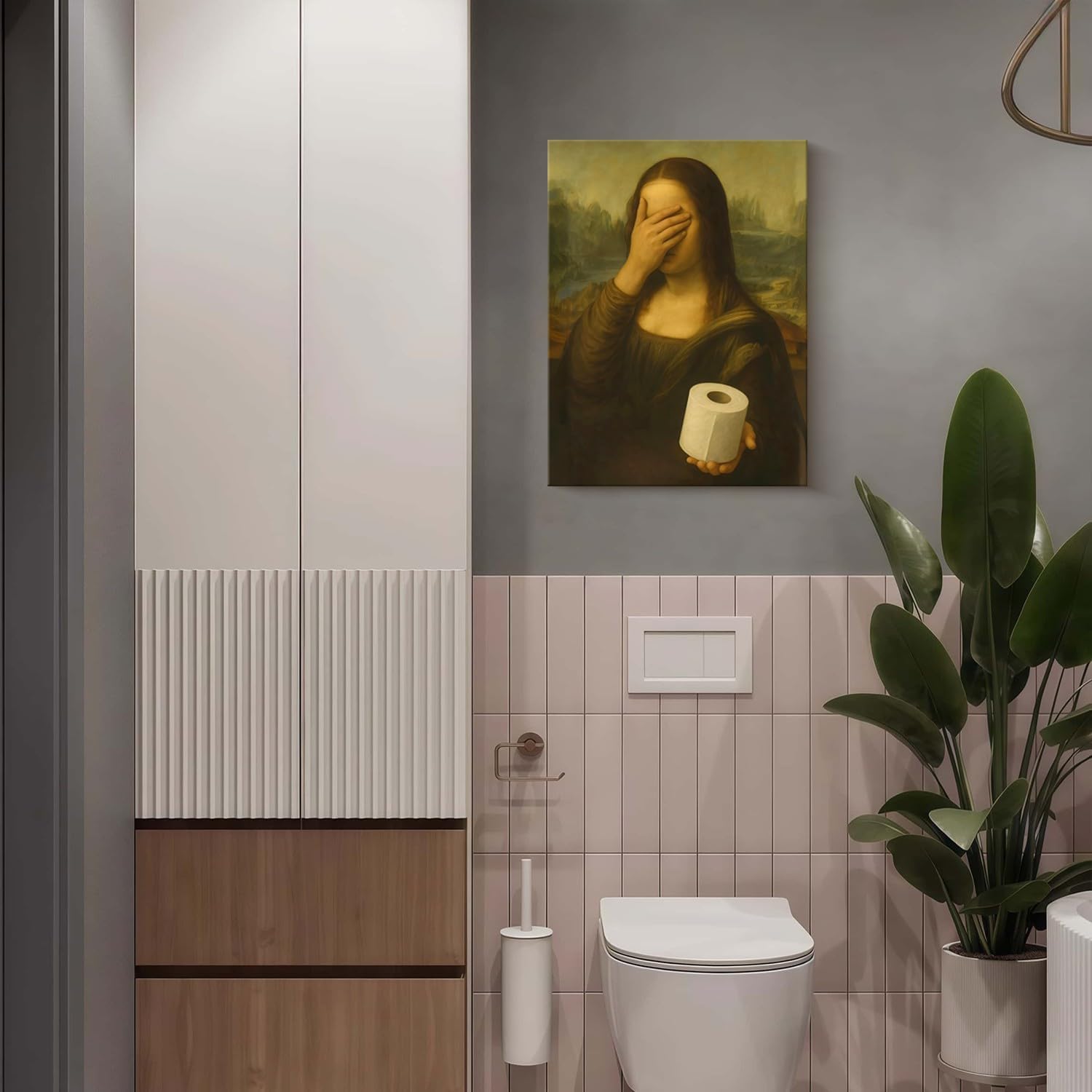 Funny Mona Lisa Bathroom Canvas Wall Art Parody World Famous Paintings Poster Print Modern Bathroom Paintings Humor Painting Gallery Wrap Bathroom Wall Decor Framed 12x16 Inch Ready to Hang