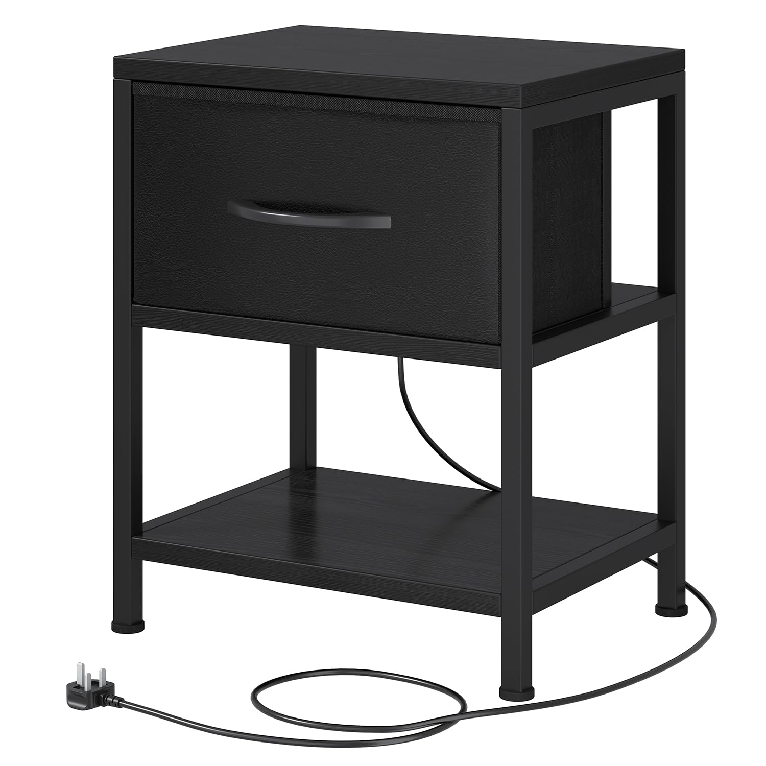 Feonase Slim Side Table with Charging Station, Narrow Bedside Table with Fabric Drawer & Storage, End Table for Living Room Bedroom Small Space, Black, 40x30x50cm