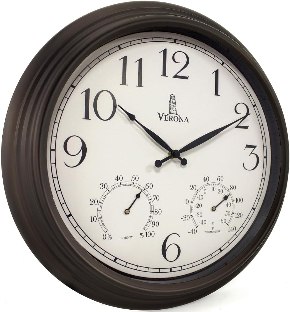 18 inch Outdoor Clocks for Patio Large Waterproof with Thermometer - Black Indoor Outdoor Clock with Temperature and Humidity for Wall - Weatherproof, Accurate & Easy to Read for Pool, Patio & Garden