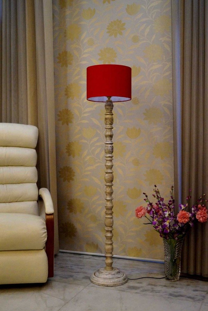 Tucasa -SHS-13 Mango Wood Floor Lamp Cotton Shade-Height-60-Holder Type-B-22 (Red)-image-39