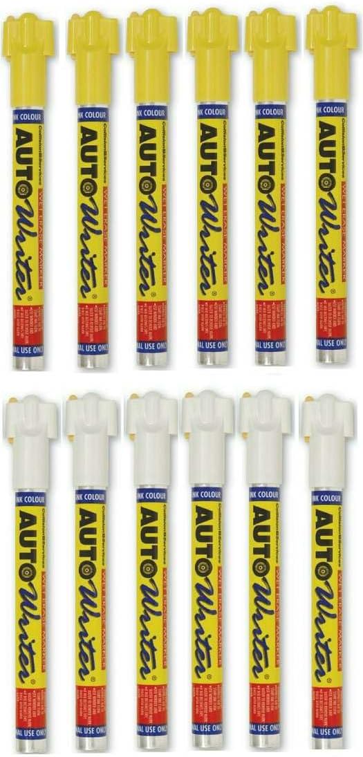 U.S. Chemical & Plastics AUTOWRITER Auto Writer Pens Markers Yellow and White - 12 Pens (6-Yellow/6-White)