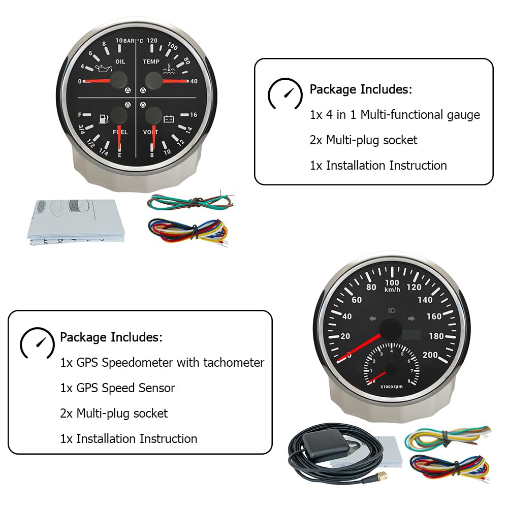 ELING Misuratore da 110 mm, 0-200 km/h, tachimetro GPS da 8000 giri/min, contagiri multifunzione 4 in 1, livello del carburante, pressione dell'olio, temperatura dell'acqua con retroilluminazione