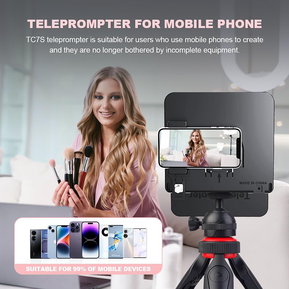 LENSGO TC7S Teleprompter portatile per telefono, mini teleprompter pieghevole in un secondo con telecomando, app compatibile con iPhone e Android, per insegnamento online, vlog, live streaming