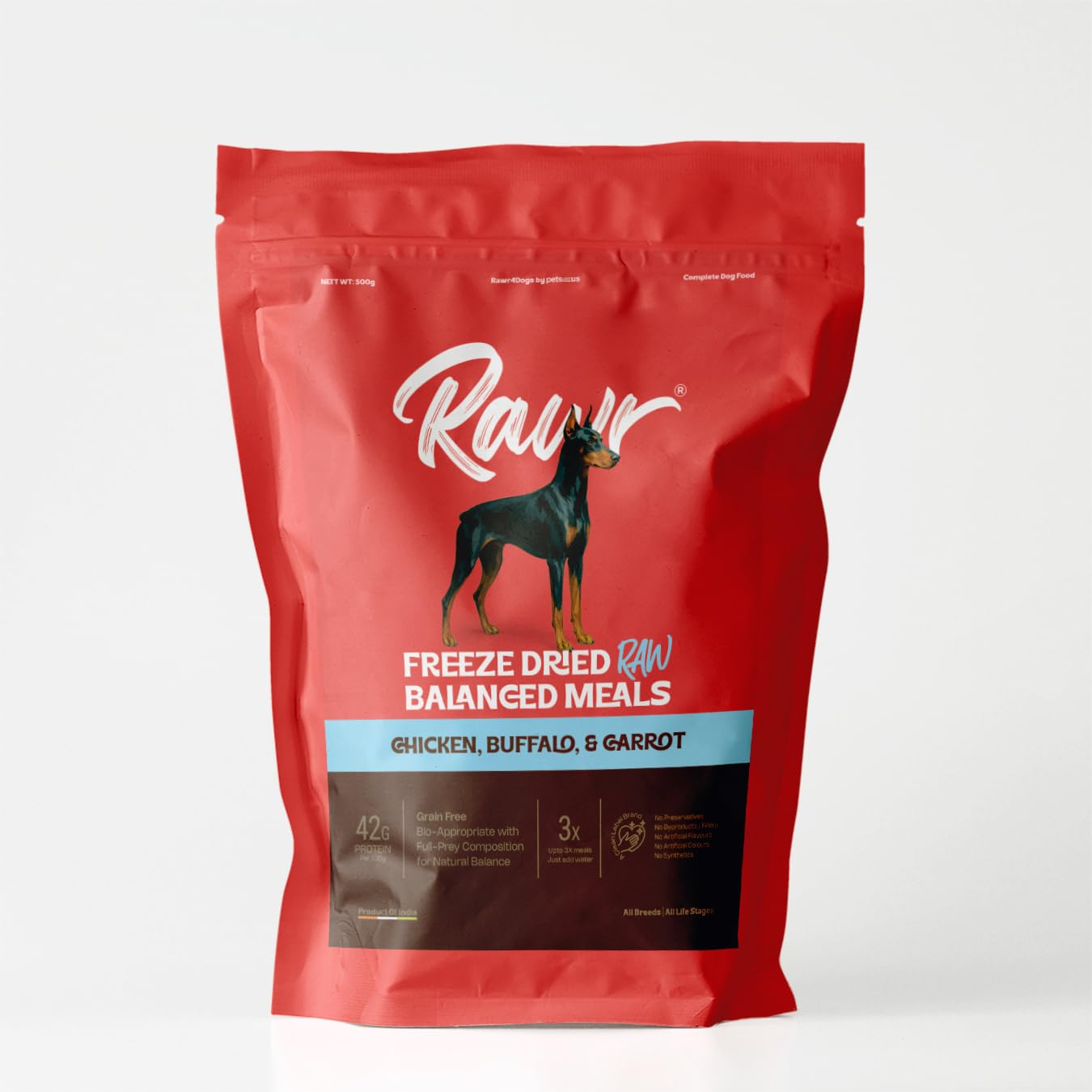 Rawr4Dogs | Freeze-Dried Balanced Meals | Chicken, Buffalo, & Carrot | Bio-Appropriate and Raw Nutrition | High Protein - Low Carb Recipe | Makes 3X Meals by Adding Water | 500gms X 4 Packs
