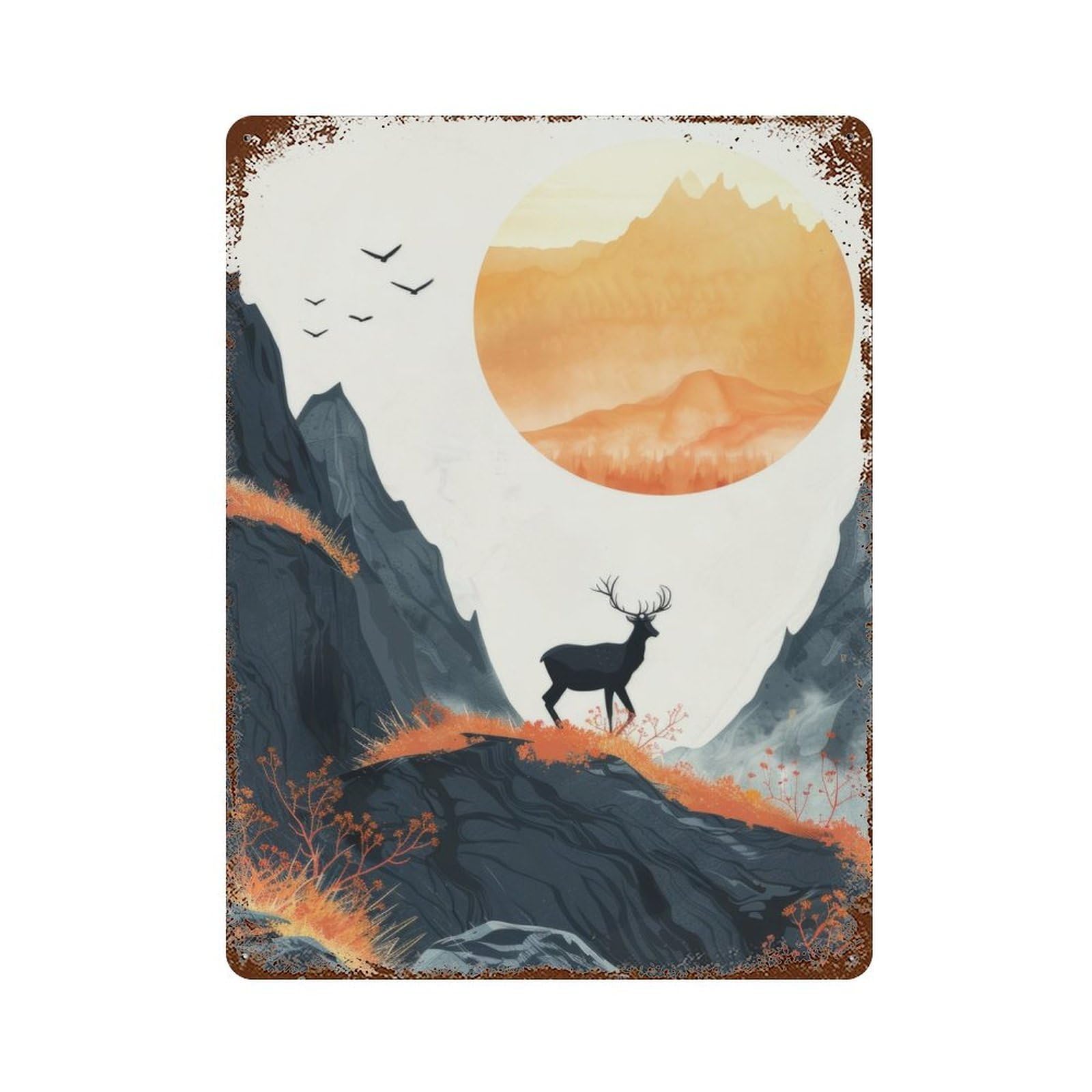 Silhouette Stag in Sunrise Aged Metal Wall Plaque 15.7"x11.8", Old School Wall Decor for Garage, Bar And Workshop Decor