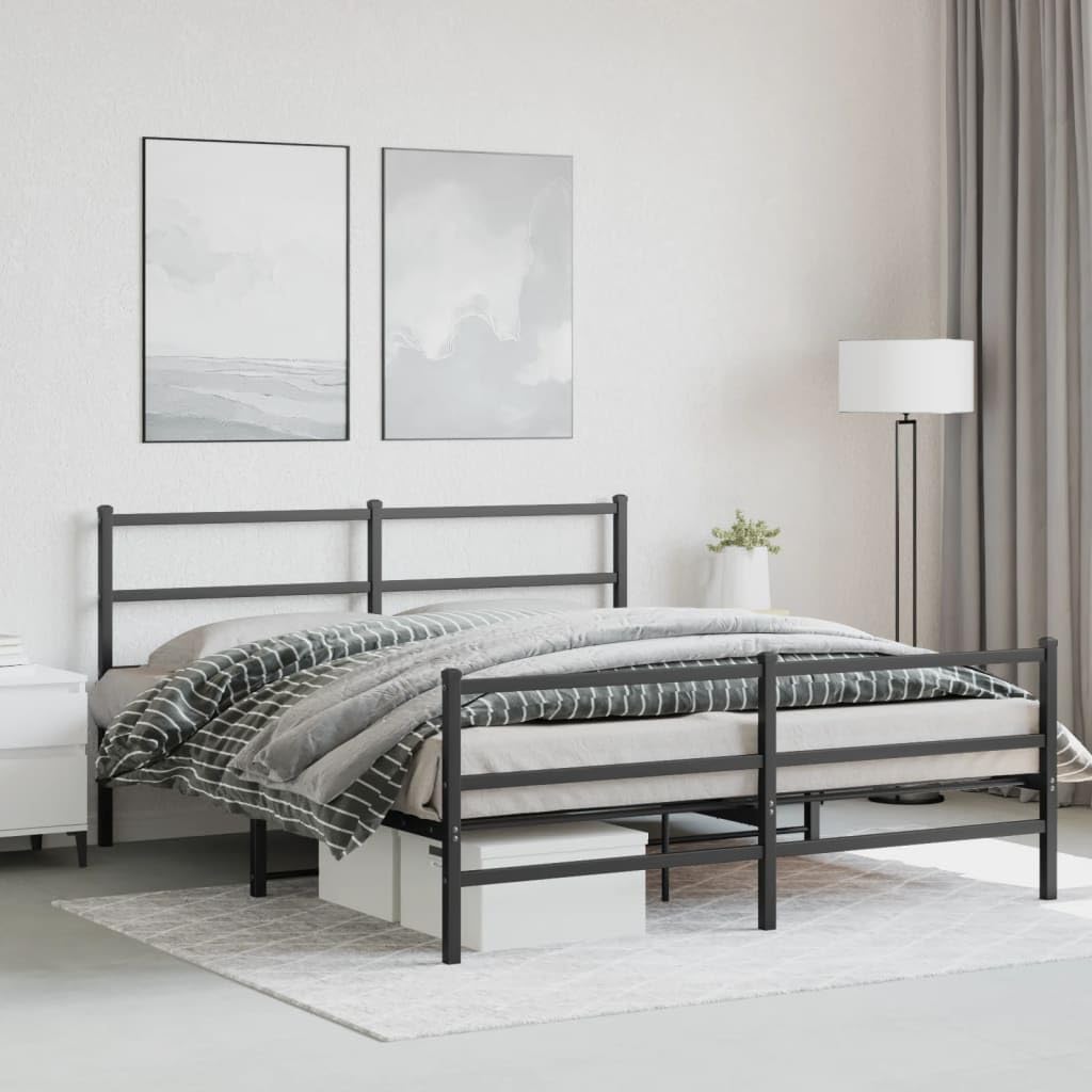 Black Metal Bed Frame 160x200 cm with Headboard & Footboard | Includes a steel slatted platform and under-bed storage space, suitable for bedrooms and guest rooms.