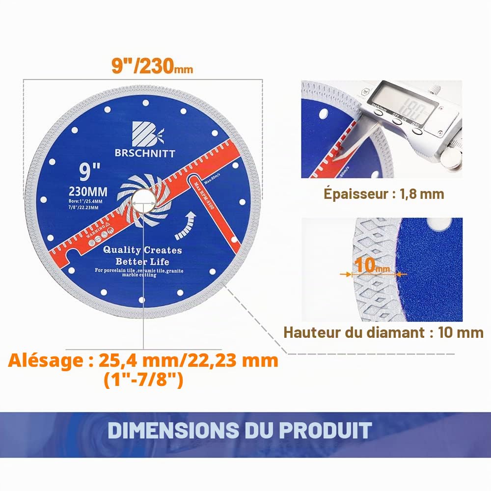 Disque Diamant Carrelage 230mm- BRSCHNITT Disque à Tronçonner Diamante Lame de Scie avec X Maille Turbo pour Porcelaine Tuile Marbre Céramique Granit.