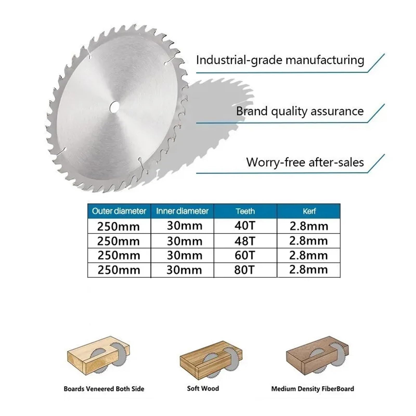 Hoja de sierra carburo for madera, 250 mm x 40T/48T/60T/80T, apertura 30, disco carpintería TCT, hoja circular aleación dura(250x30mmx60T)