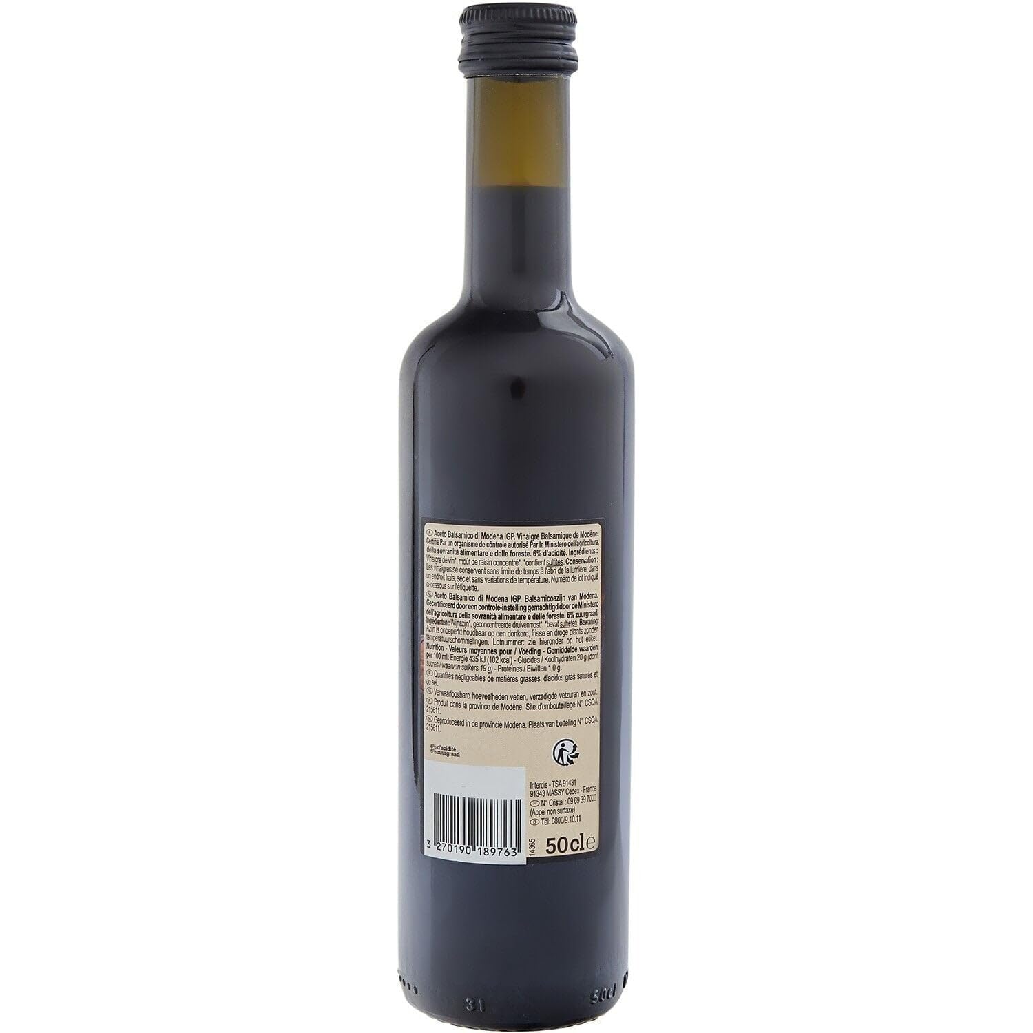 CARREFOUR EXTRA Vinaigre Balsamique de Modène IGP 50 cL - Authentique élaboration italienne sans colorant artificiel, bouteille verre - Lot de 4