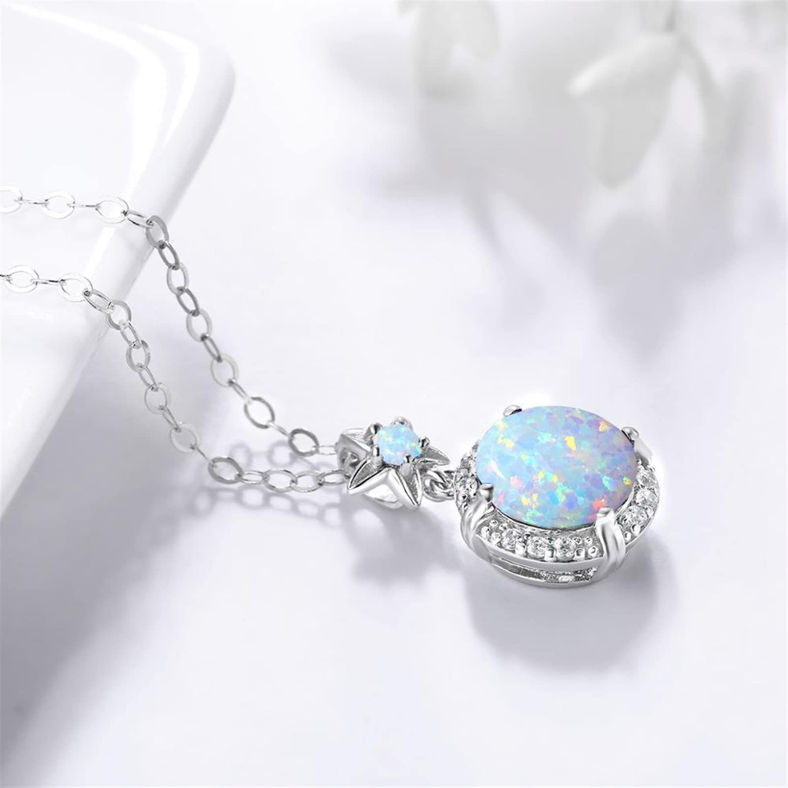 Collane 925 Sterling Silver Pendant Ladies Lovely Gemstone Ciondolo Pendente Opale Zircone intarsiato con Collana di Lusso Fiore Collana da Donna