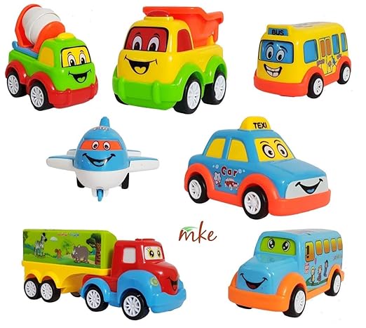 mke Unbreakable Pull Back Car Truck Toy Set for Kids (7pc Car Set)