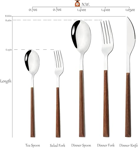 Miniatura 2 de Juego de 30 piezas de cubiertos con espejo de mango marrón para 6, juego de cubiertos de acero inoxidable 188 con bandeja antideslizante de 5
