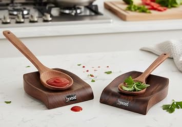 Wooden Spoon Rest For Stove Top pack of 2, Rose Wood Kitchen Utensil Holder, Brown, Handcrafted Counter Top Organizer