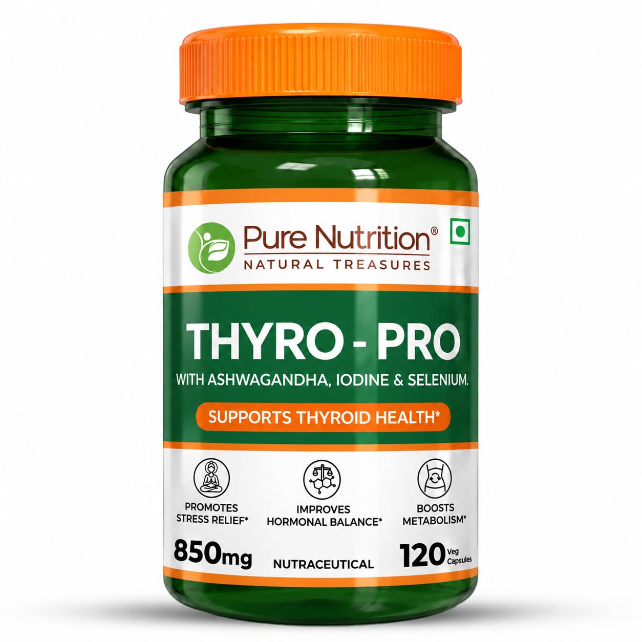 Pure Nutrition Thyro Pro Supports Healthy Thyroid Function and Balances Hormones | Herbal Blend with Ashwagandha, Iodine & Selenium - 120 Veg Capsules