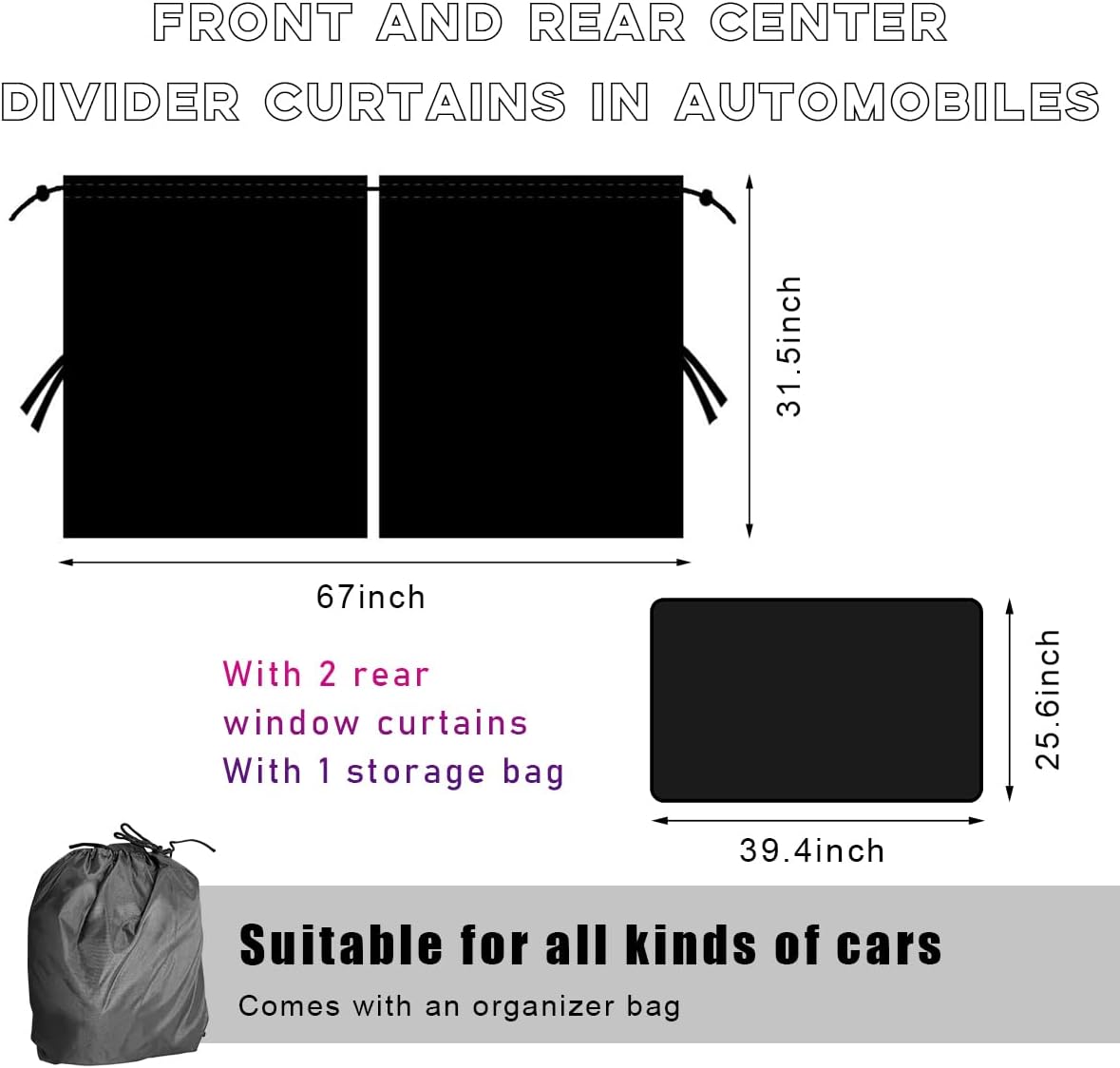 Ohleats 3PCS Car Window Shades, Auto Privacy Divider Curtain with 2 Rear Side Window Shade, Removable Vehicle Sunshade Blocker for Light, Heat, UV Rays, Universal Car Accessories