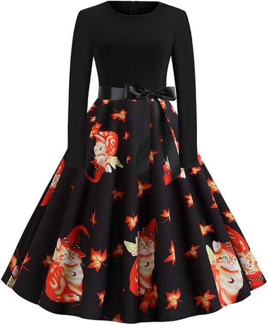 Vintage Halloween Dress Hepburn Style Pattern Print Multicolor Flare Dress Sleeveless Slim Waist 