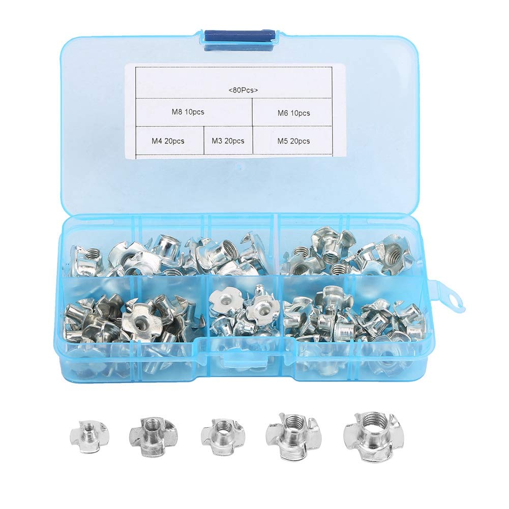 Respicefinem Nut Kit 13×7×2 80Pcs Carbon Steel Nut Four Pronged M3 4 5 6 8 Tee Nuts Kits for Woodworking Furniture