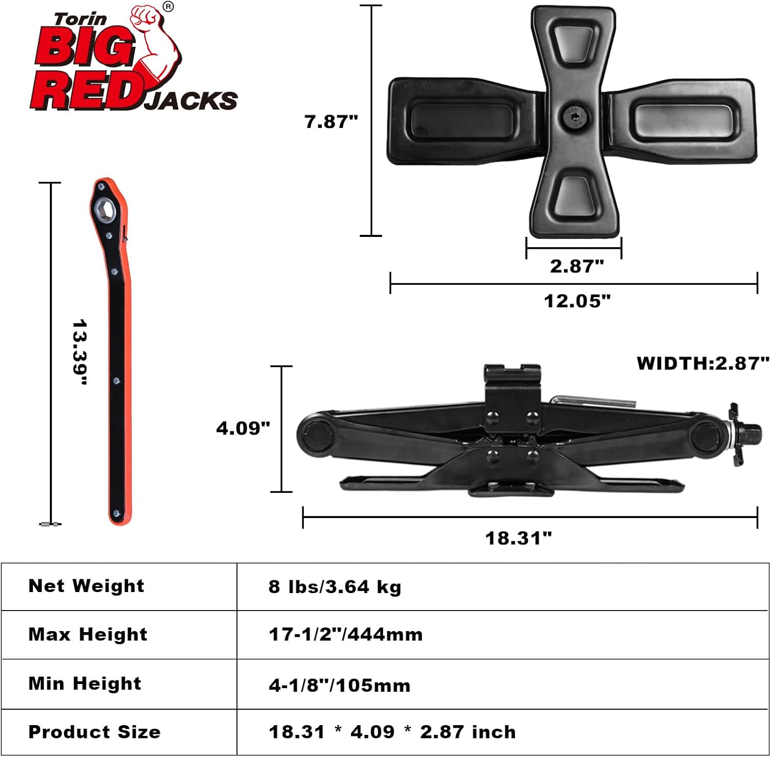 Big RED Wide Base Cross Car Scissor Jack: Steel Portable Quick Lift Tire Jacks Include Ratchet Wrench for Car, Truck, Sedans and MPV, 2 Ton (4,409 lbs) Capacity, Black