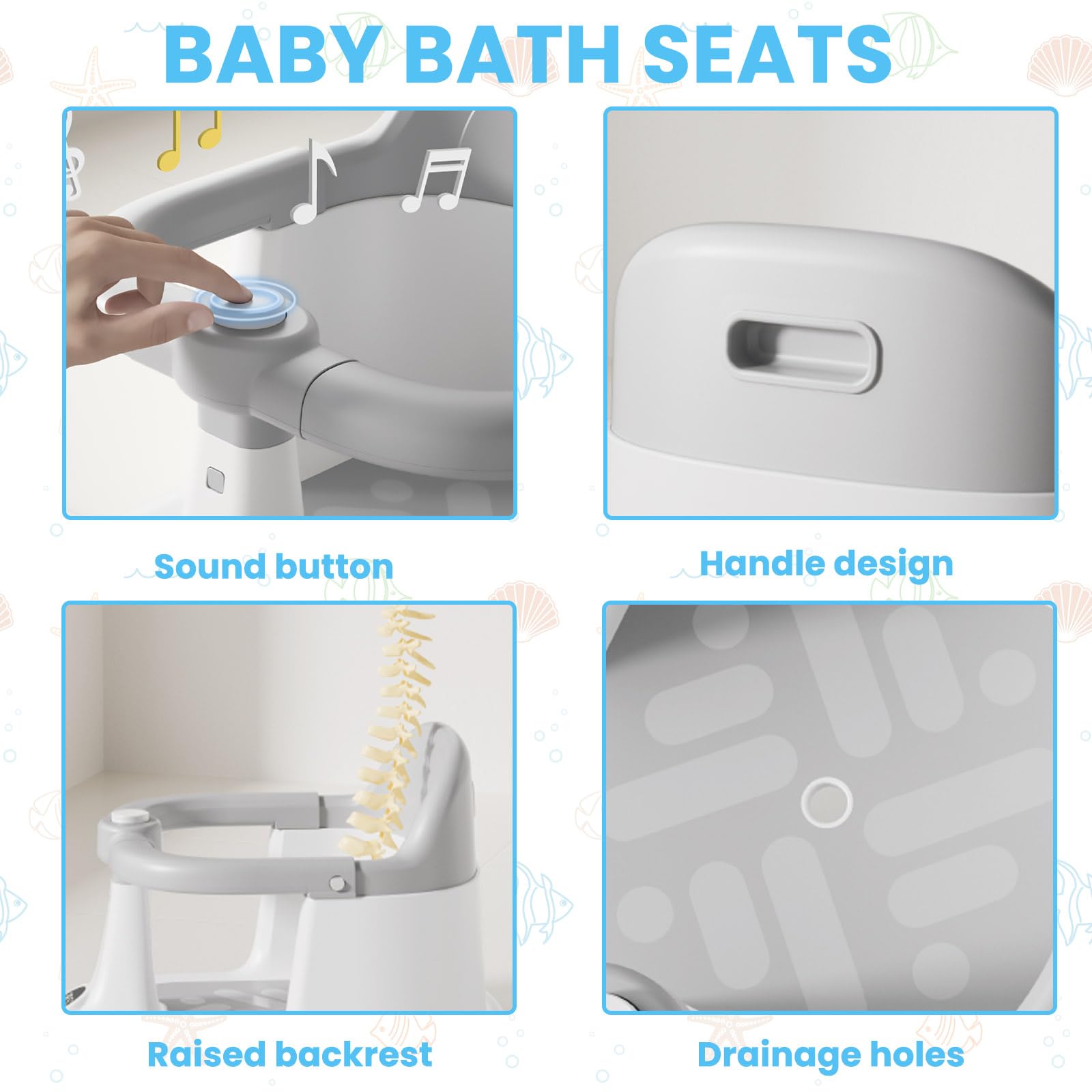 UBRAVOO Baby Badesitz für Babys von 6 bis 24 Monaten, aufrecht sitzender Badesitz, rutschfester Baby-Badewannensitz mit 4 Saugnäpfen, tolles Geschenk zur Geburt für Neugeborene und junge Mütter (Grau)