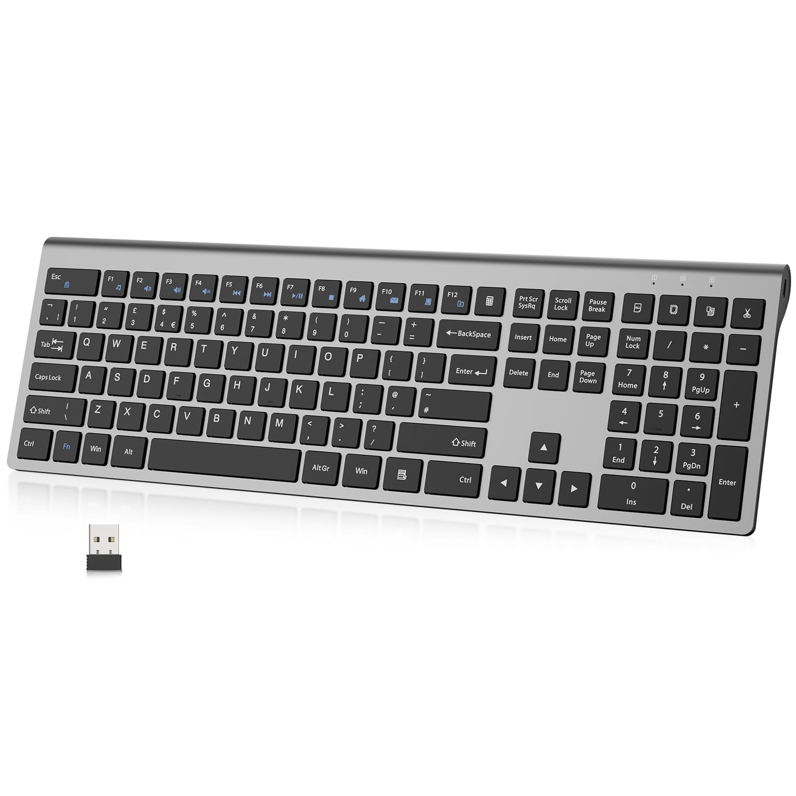 PINKCAT 2.4G Wireless Keyboard, Rechargeable Ultra Slim Ergonomic, Full Size, QWERTY UK Layout Silent Keyboard, 12 Multimedia Shortcut Keys for PC/Desktop/Laptop/Mac in Windows/macOS (Gray)-image-8