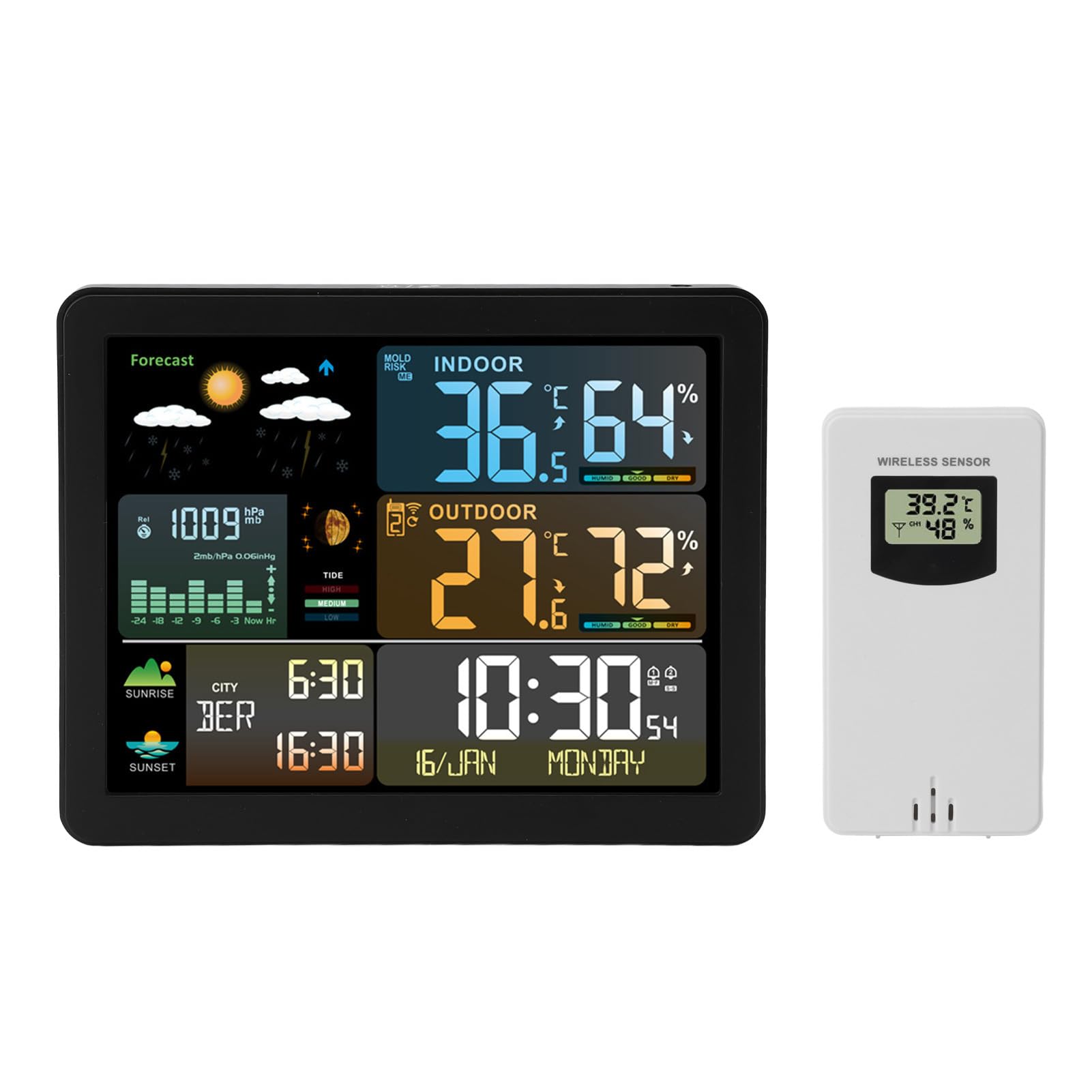 Funkwetterstation, Digitale Wetterstation mit Temperatur, Luftfeuchtigkeit, Wettervorhersage, Uhr, Drucktendenz und Dualalarm für den Innen- und Außenbereich