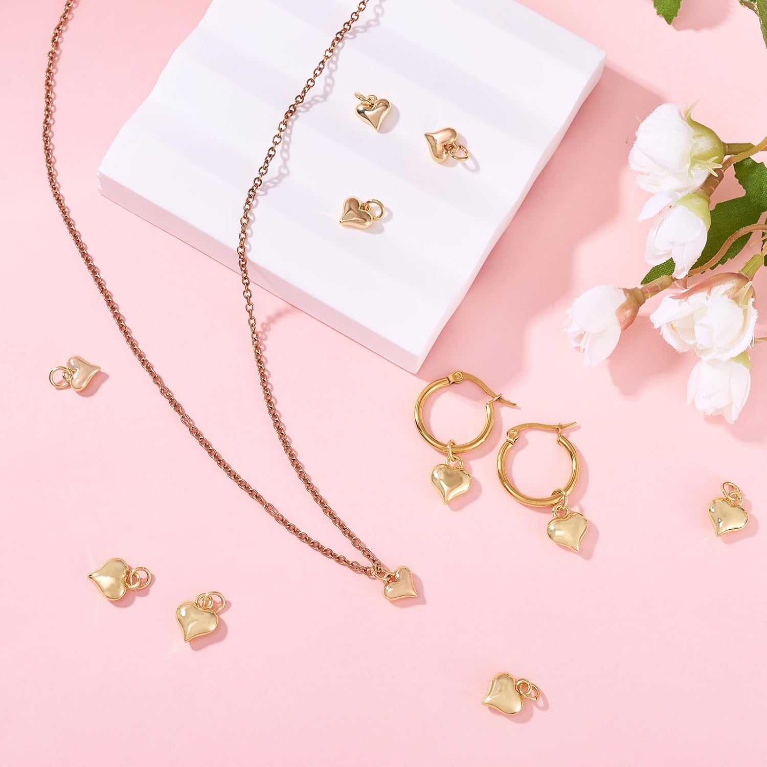 Pandahall 8Pcs 18K Gold Plated Heart Charms Tiny Love Pendants 2 Styles Heart Dangle Charm Valentine Charms Puffy Love Pendants for DIY Necklace Bracelet Jewelry Crafts Making - Image 3