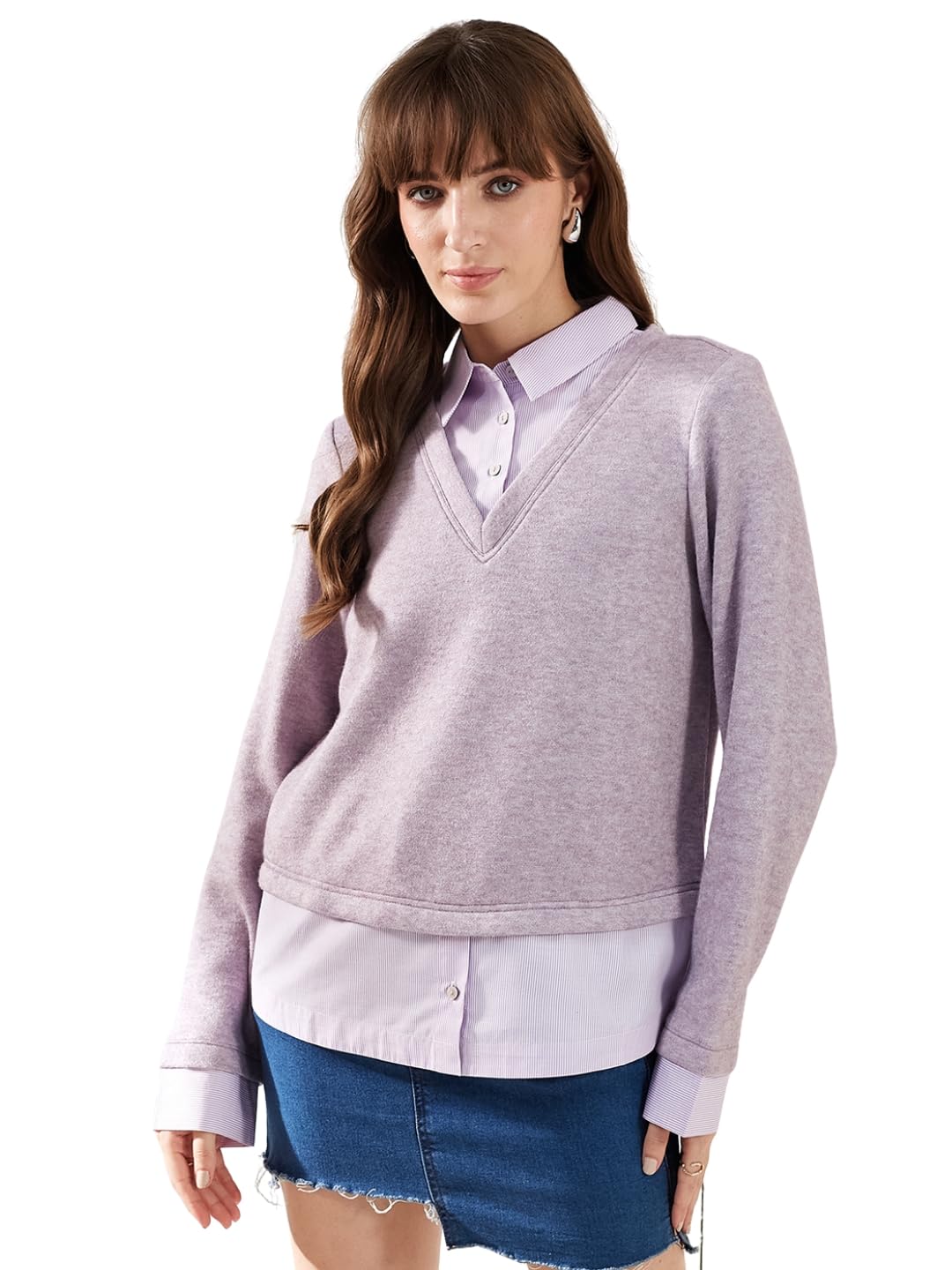 Women's Lavender Full Sleeves Collared Solid Casual Regular Sweatshirt-image-41