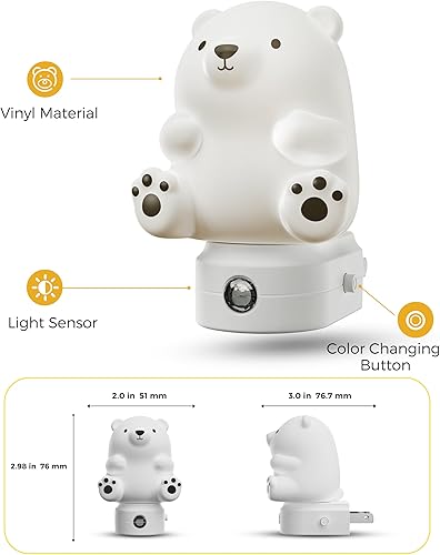 Miniatura 8 de L LOHAS LED Luz nocturna para niños, 3D lindo oso luz nocturna enchufable, luces nocturnas del atardecer al amanecer, RGB+blanco suave 3000K, 3