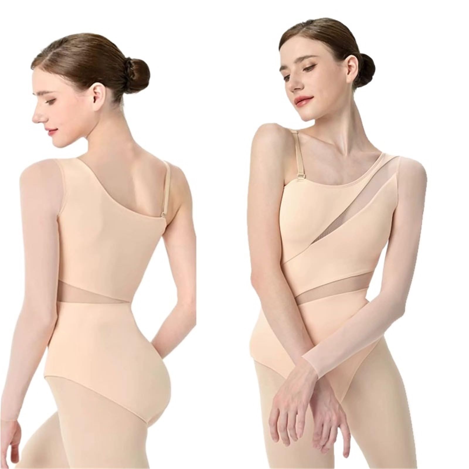 Maillot Gimnasia Ritmica Niña Mono de ballet for niñas, de malla, con mangas largas irregulares y mangas oblicuas.