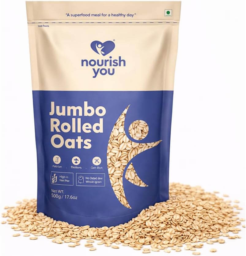 Nourish You Rolled Oats 500g | 100% Wholegrain | High Fibre & Rich in Protein | Diet Food for Weight Management | No Dust & Powder | Healthy Breakfast Cereal | Oatmeal for Overnight Oats & Porridge