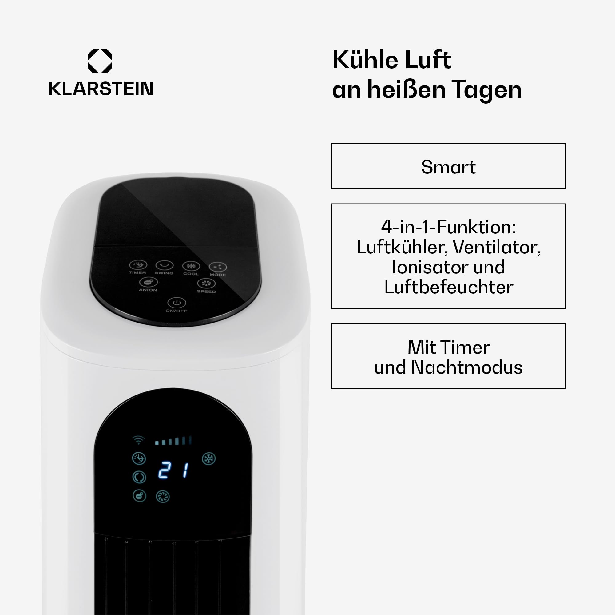 Klarstein Polar Tower Smart Ventilator Mit Wasserkühlung – 4-in-1 Luftkühler, Luftbefeuchter & Reiniger, 7L Tank, WiFi & App Steuerung, 3.306 m³/h Luftdurchsatz, Timer, Mobil, Weiß