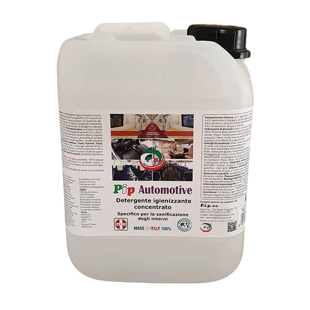 PIP Detergente Igienizzante Automotive, Tanica T5, Concentrato, pari a 15 LT. P.Uso, Sanificante, Auto, Camper, Autobus, Pullman, Natanti, Professionale HACCP.