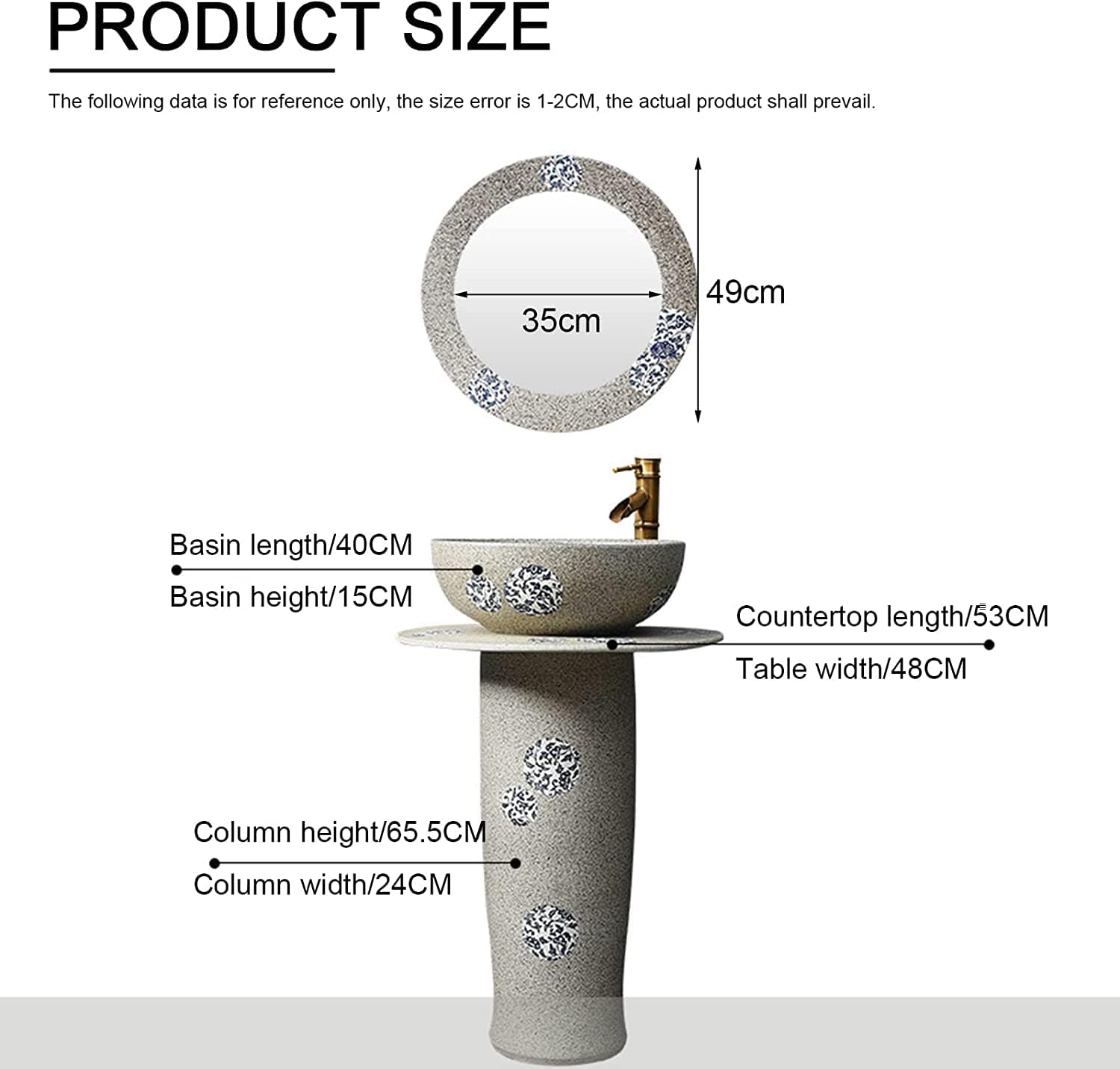 Freestanding Pedestal Sink Hotel Art Basin, Bathroom Freestanding, Sink, Kaolin Clay with Drain Installation Hole, for Indoor and Outdoor (Color : A, Size (B Without Mirror)