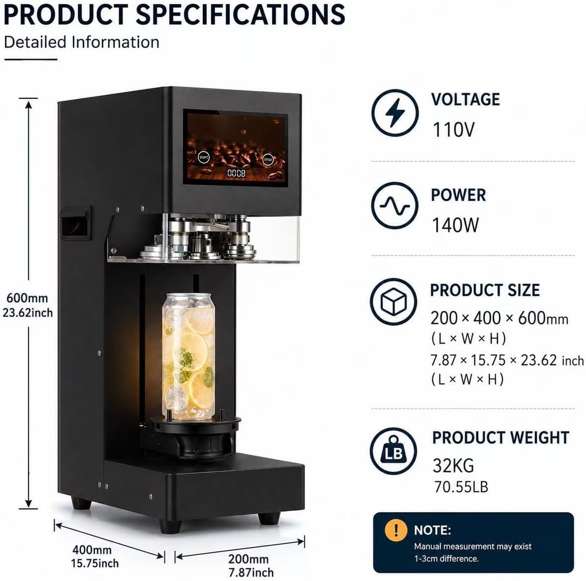 KEhtu Macchina Sigillatrice per Lattine con Schermo Touch | Rilevamento Automatico Dellaltezza | Compatibilità con Lattine da 55 Mm | Non Necessita di Tampone Black