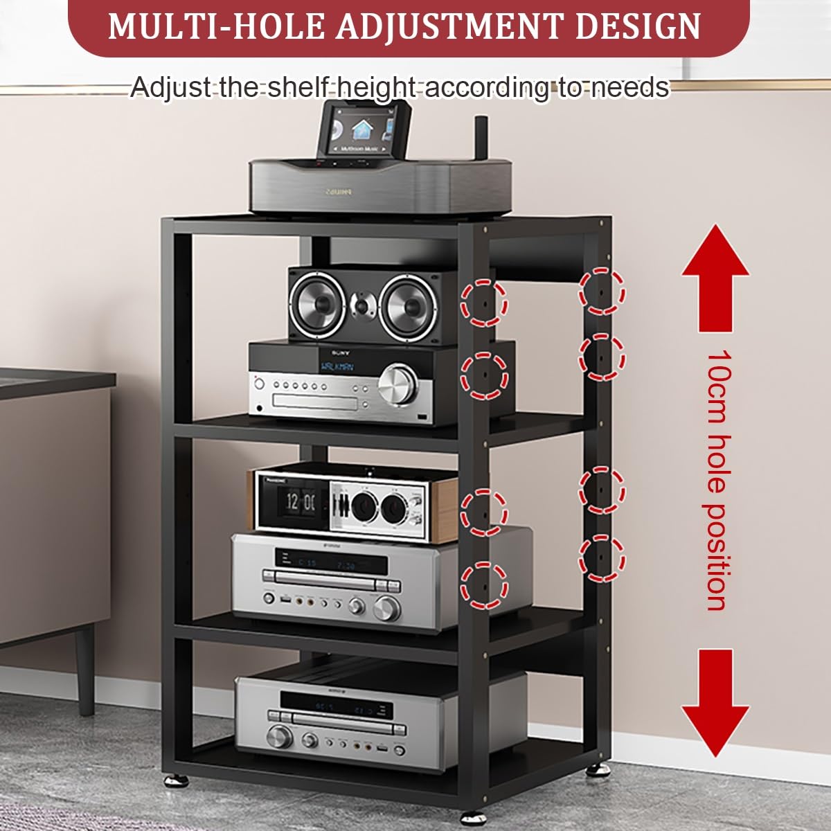 Soporte multimedia AV de 4 niveles con ruedas y estanterías, gabinete estéreo audiovisual para almacenamiento de componentes, torre de rack de audio y soporte, torre de almacenamiento de medios para