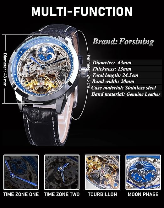Image of PIENO FORSININGG Men's Skeleton Moon Phase Watch Mechanical Self-Wind Tourbillon Dual Time Zone Watches Automatic Luxury Leather Strap Large Dial