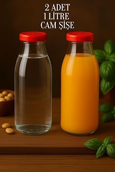 2 Pieces 1 Liter Transparent Jug of Milk, Ayran, Water, Lemonade, Soft Drink Bottle Glass Bottle with Plastic Lid