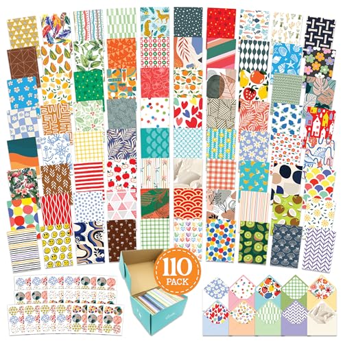 Decorably 110 Pack 4x6in Assorted Blank Cards and Envelopes Bulk with Stickers, 110 Folded Unique Designs for Friends, Family & Loved Ones - Birthday, Kids Party, Anniversary, Gifting, Mailing
