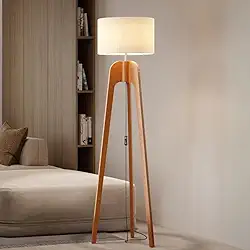 UNIDECOR CASA Luminária Abajur de Chão Tripé Tradicional Madeira Maciça Cúpula de Tecido Linho