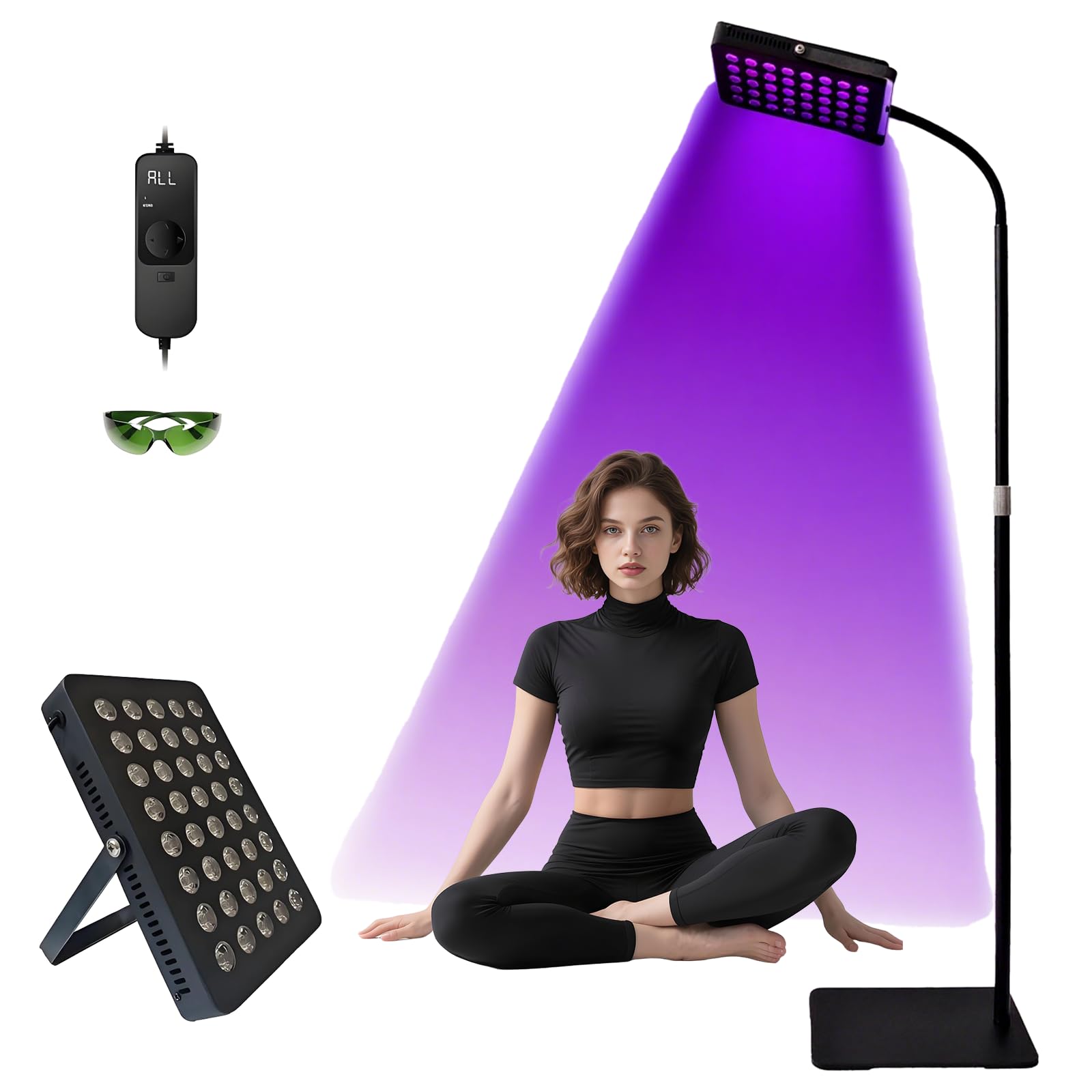 Lampa do opalania i światła terapeutycznego do użytku w pomieszczeniach - 80 W dużej mocy, 40 fioletowych diod LED 395 nm, regulowany zegar jasności, pełne wsparcie mięśni i stawów